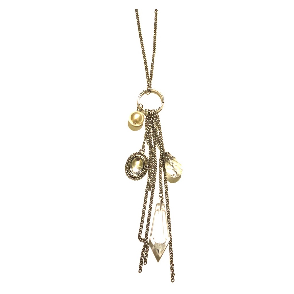 Long silver necklace with charms
